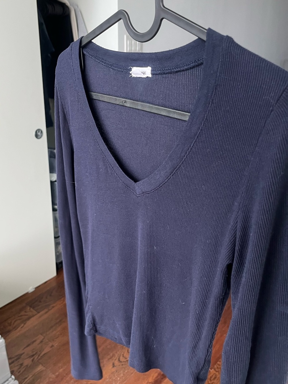 Garage Navy Ribbed V-Neck Top